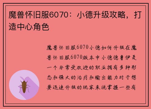 魔兽怀旧服6070：小德升级攻略，打造中心角色